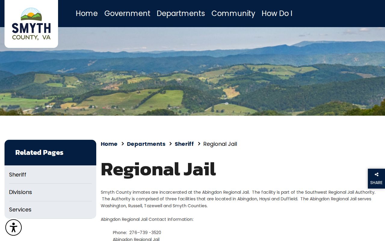 Smyth County official page identifying Abingdon Regional Jail for local inmates