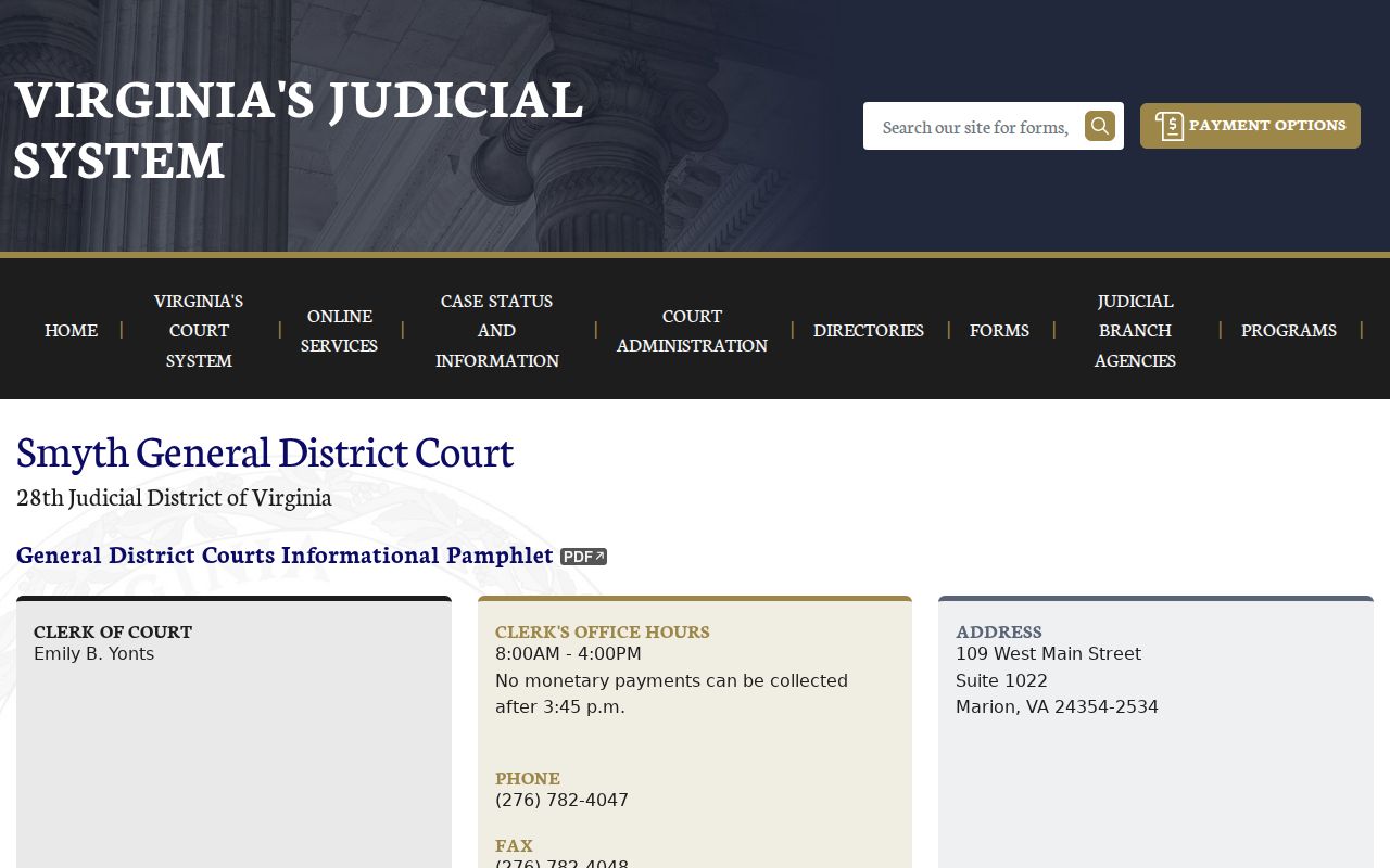 Smyth General District Court page with criminal calendar information
