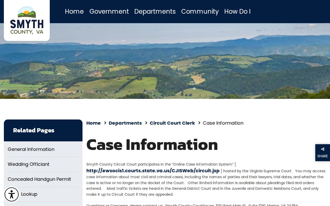 Smyth County Circuit Clerk case information page