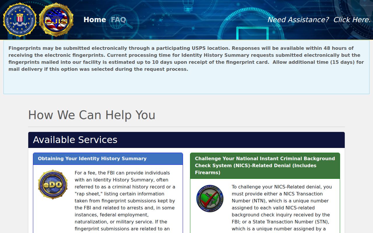 FBI electronic identity history self-review request portal