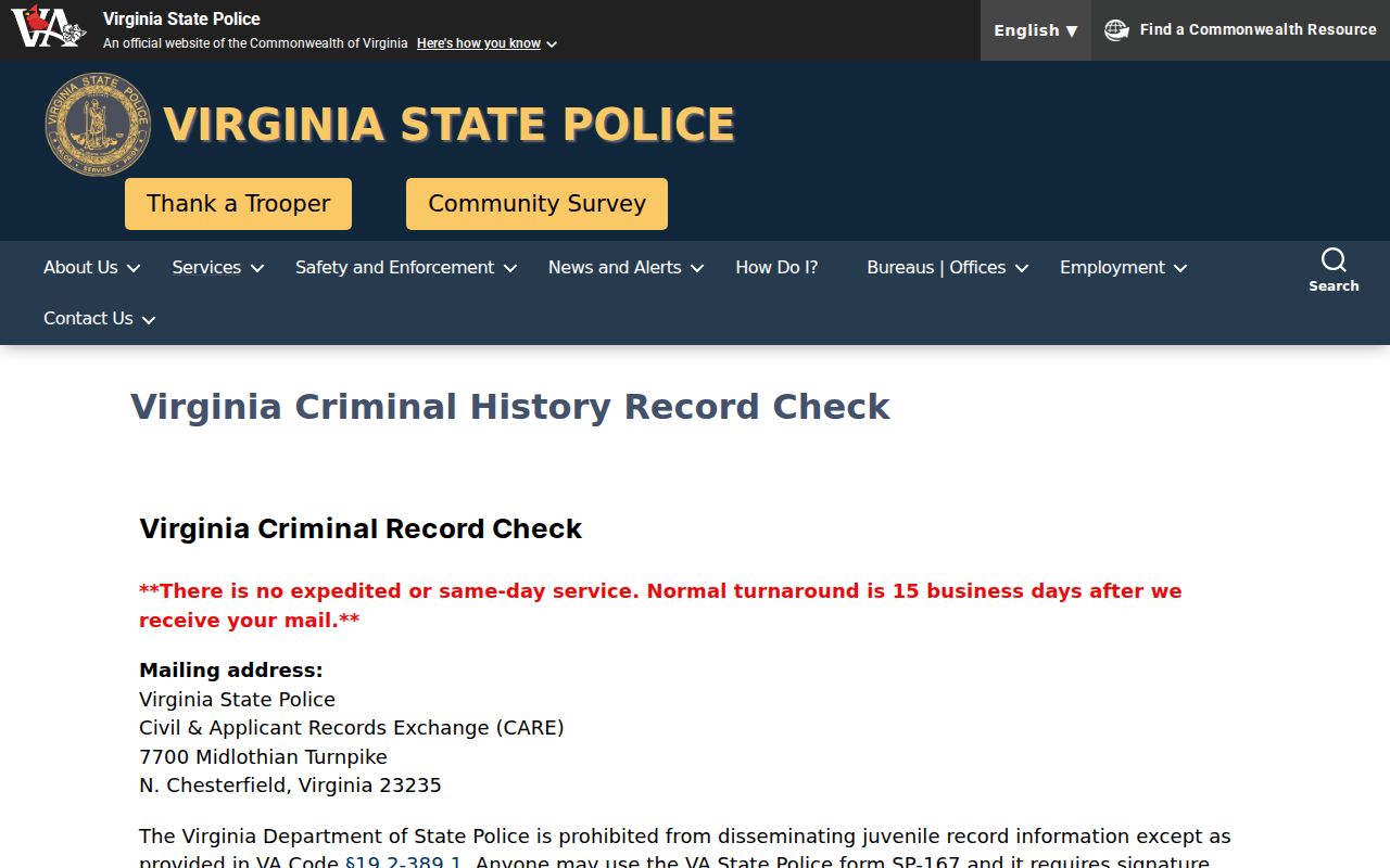 Virginia State Police SP-167 criminal history record check instructions