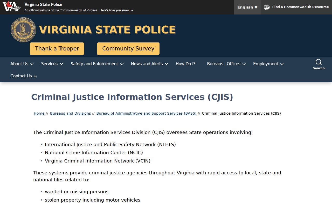 Virginia State Police CJIS CARE and CCRE criminal record services