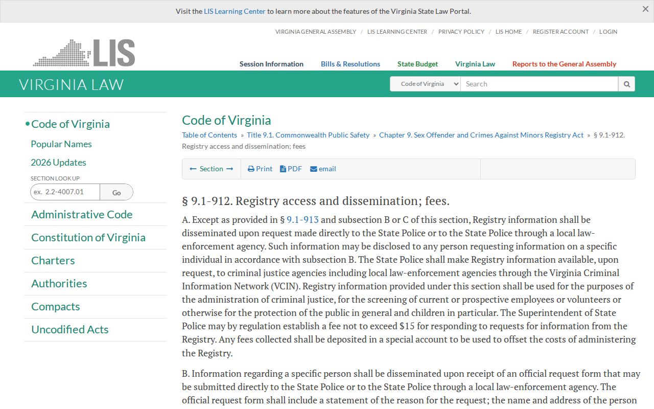 Virginia Code section 9.1-912 governing Smyth County registry information